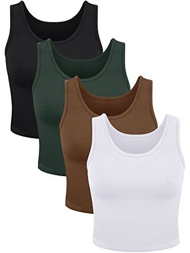 4 Pieces Women Basic Crop Tank Top Short Sleeveless Sports Crop Top (Dark Green, Black, Chocolate, White, Large)