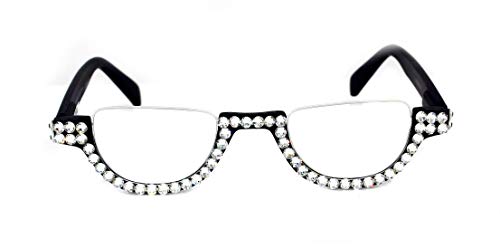 The Half Moon, Crystal Bling Reading Glasses Women Adorned with Clear European Crystals (Black) NY Fifth Avenue.