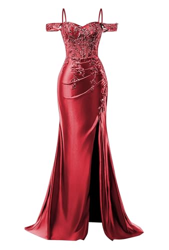 Image of Mermaid Satin Prom Dresses 2026 Lace Applique Off Shoulder Formal Evening Gown with Slit