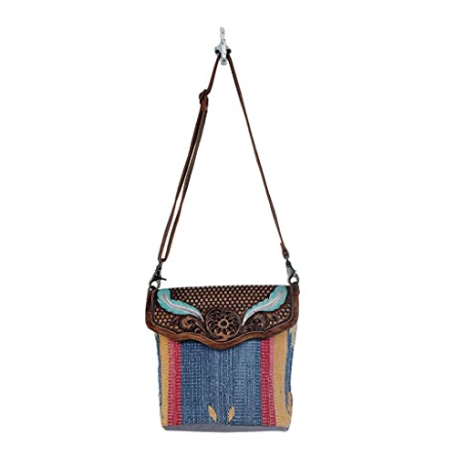 Myra Bag Blue Feather Hand-Tooled Bag Upcycled Cotton & Leather S-30584