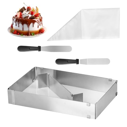 Stampo Rettangolare Torta, Stampi Coppa Pasta di Acciaio Inox, Set di Anelli per Torta Rettangolare Regolabile, Coppapasta Tortiera da Forno per Torte Dessert Mousse DIY, con 20 Sac à Poche