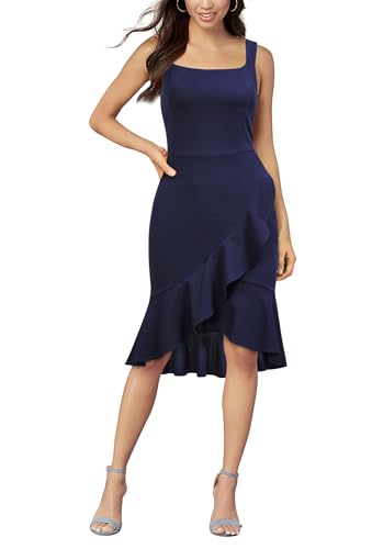 Image of FORTRIC Women Square Neck Summer Wedding Guest Formal Party Cocktail Midi Dress