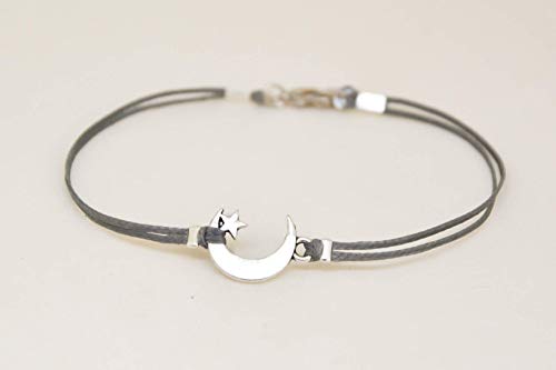 Men's Bracelet, Silver Crescent Moon Charm, Gray Cords, Bracelet For Men, Gift For Him, Moon Star Bracelet, Clasp, Mens Jewelry #TOP1