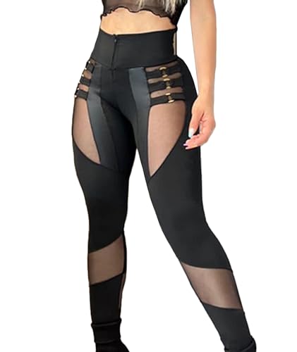 xxxiticat Women's Black Legging Pants High Waist Buckle Hollow Out Cutout Slim Patchwork Sheer Mesh Bodycon Skinny Trousers(BL,L)