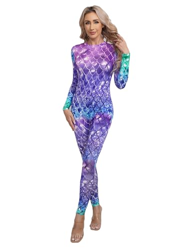 Nyeemya Body Mujer Cuello Alto Mangas Largas Mono Deportivo Gimnasia Fitness Traje De Baile Sirena Escamas de pescado Jumpsuit Danza Outfit Tipo B L