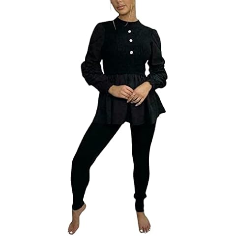 Exclusive Fashion Ladies Round Neck Ribbed Frill Peplum with Leggings Women Loungewear Suit Shirt Contrast Tracksuit Jumpsuit Set of 2 pc UK Size 08 to 14 one-size-fits-all (One (8-14), Black) Cover