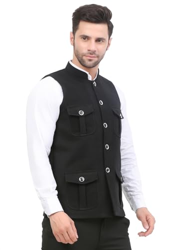Image of FH Wearza Polywool tweed Solid multipocket Sleeveles Nehru Jacket For Men