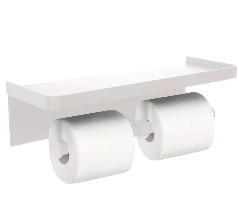 Double Metal Toilet Roll Holder with Shelf, Self-Adhesive, Smooth Edge Corners (White)