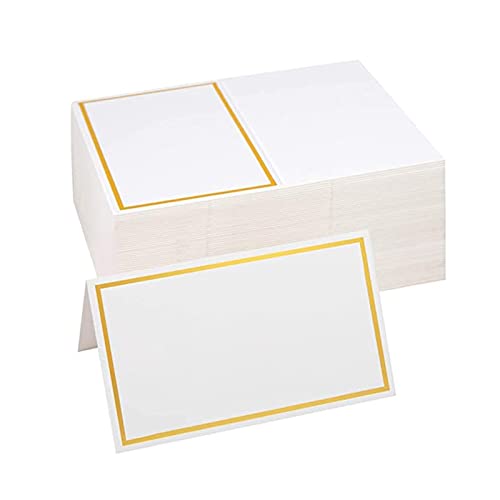 100 PCS Tarjetas de Lugar de Boda, Tarjetas de Lugar de Nombres de Mesa Plegadas, Tarjetas de Nombre Pequeñas en Blanco con Bordes de Lámina Dorada para Banquete de Boda,Fiesta,Festival (8,5 x 10 cm) Cover