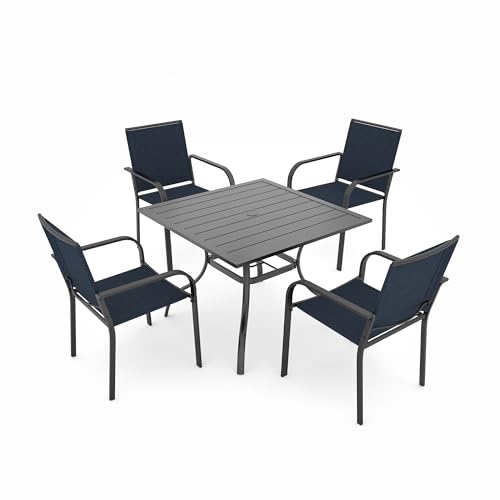 Image of Anmutig 5 Pieces Patio Dining Set, Outdoor Furniture Set Includes 1 Square Patio Table and 4 Stackable Patio Chairs, Outdoor Table and Navy Chairs for Garden Backyard Deck