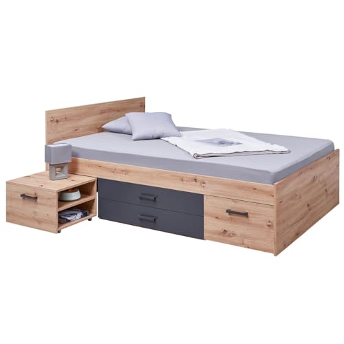 AltoBuy FIDAS - Lit 140x200cm Multi-Rangements Effet Chêne et Anthracite