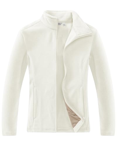 33,000ft Damen Fleecejacke mit Durchgehendem Reißverschluss Stehkragen Damen Leichte Fleece Jacke Antistatische Outdoor Damenjacke für Wandern und Freizeit, Creme M