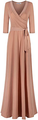 Image of Women's 3 /4 Sleeve Deep V-Neck Maxi Faux Wrap Solid Plus Size Dress