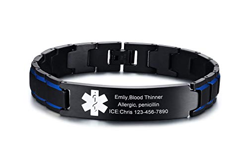 VNOX Free Custom Engraving-Unisex 2 Tone Brushed Stainless Steel Emergency Medical Alert ID Adjustable Bracelet Wristband