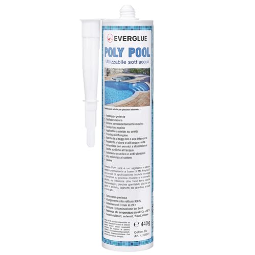Everglue Poly Pool 1K MS adesivo di montaggio polimerico per incollare e sigillare, utilizzabile sott'acqua, senza silicone, resistente ai raggi UV, rimane elastico, colore: blu, cartuccia da 440g