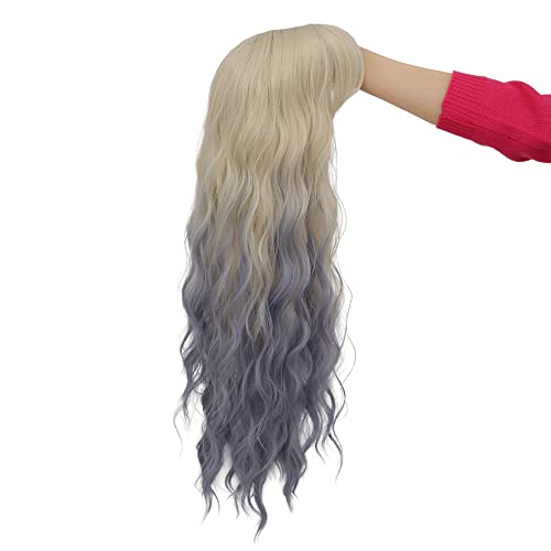 Image of Swiking Blonde Ombre Blue Curly Women Wigs with Bangs Wave Long Blonde Synthetic Hair Halloween Cosplay Daily Natural Full Wig