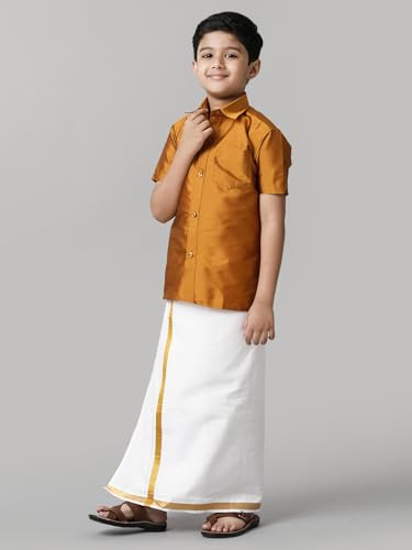Image of RAMRAJ COTTON Boys Silk Cotton Shirt With Adjustable Cream Dhoti Perfect For Ceremonies| Festivals| And Special Occasions