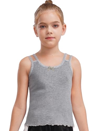 Kids Girls Double Strap Camisole Sleeveless Bow Detail Lettuce Hem Striped Undershirt for Street Style 2-12 Years