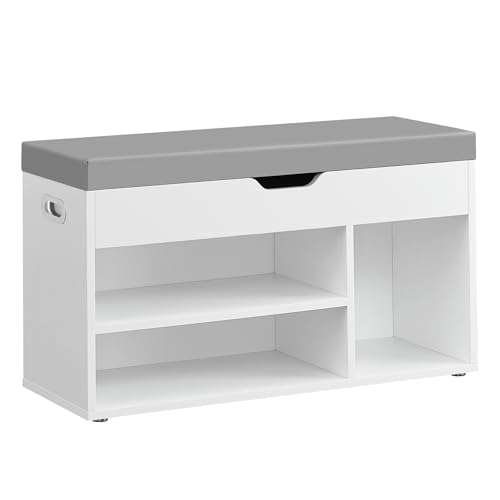 VASAGLE Banc à Chaussures Rembourré, Banc de Rangement, Rangement Caché, Étagères, Meuble d'Entrée, Capacité de Charge 136 kg, 30 x 80 x 44 cm, Blanc Nuage et...