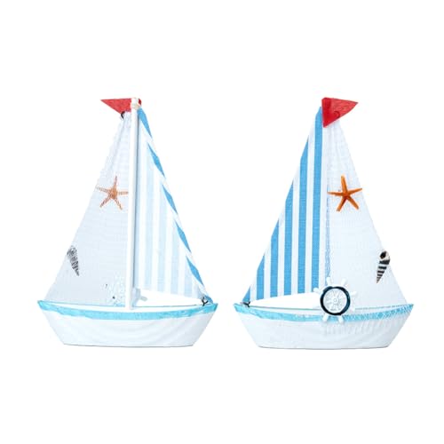 Image of Wooden Decorative Sailboat Nautical Model Showpiece - 15x4x22 cm | Miniature Sailing Boat Showpiece for Home Decor, Cafe, Office & Table Desk Decoration | Light Blue Border-Strip Cloth