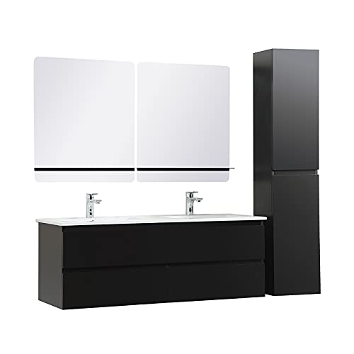 Meuble de Salle de Bain Double Vasque 120 cm Noir + Colonne + 2 miroirs Sorrento