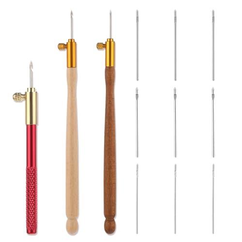 3 Pcs Tambour Hooks Kit Tambour Embroidery Kit Embroidery Crochet Hook Wood Handle French Drum Hooks with 9 Needles Tambour Hook Latch Beaded Needle for Embroidery Sequin Beading Knitting DIY Sewing