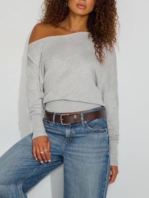 Women Off Shoulder Pullover Sweaters Y2k Long Sleeve Boat Neck Oversized Knit Jumpers Sexy Ribbed Asymmetric Fall Top2