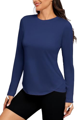 PINSPARK Sportskjorta dam UPF 50+ solskydd snabbtorkande sport T-shirt lätt löpartröja yoga långärmad tröja andas funktionell tröja fitness rashguard, Mörkblå, XL