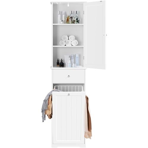 Yaheetech Bathroom Tall Cabinet with Laundry Bin, Bathroom Storage Unit with 1 Drawer and 1 Laundry Hamper, White, 180cm Height