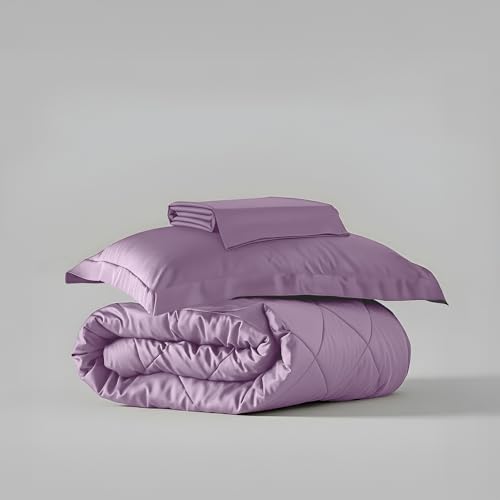 Image of Stoa Paris Satin Comforter Set Single Bed with Satin Bedsheet & Pillow Covers, 300TC Complete Bedding Set, Ideal Gifts for Women, Couples, Bedroom Home Furnishing, Date Night - Lilac Affair