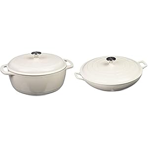 Amazon Basics Enameled Cast Iron Dutch Oven, 6-Quart, White and Enameled Cast Iron Casserole Skillet, 3.3-Quart, White