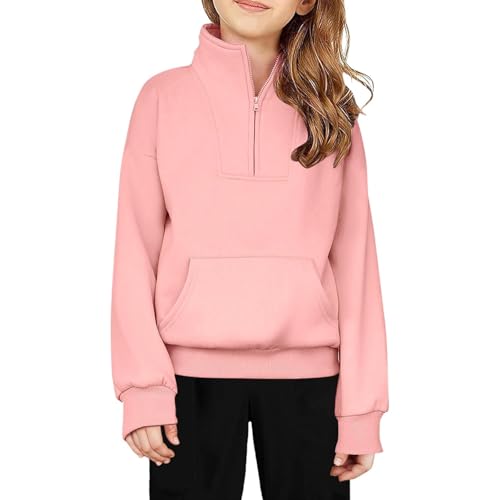 Pull à capuche polaire semi-zippé fille avec poche kangourou rose
