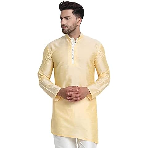 SKAVIJ Men's Tunic Art Silk Indian Long Kurta Party Wear Beige_Small Cover