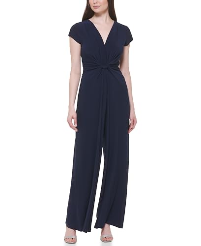 Vince Camuto Women's Short Sleeve V-Neck Twist Front Summer Jumpsuit, Navy, Extra Large