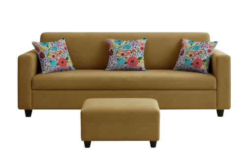 Image of Rosebell 3 Seater Sofa with Ottoman | Living Room Couch | with Printed Cushions | Sofa for Home, Apartment & Office-Golden Color