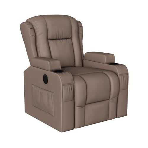 Caluself Sillón de relax, sillón de televisión con función reclinable, vibración, giratorio, reposapiés ajustable, soporte para bebidas y bolsillo lateral, mecedora para salón (gris/marrón)