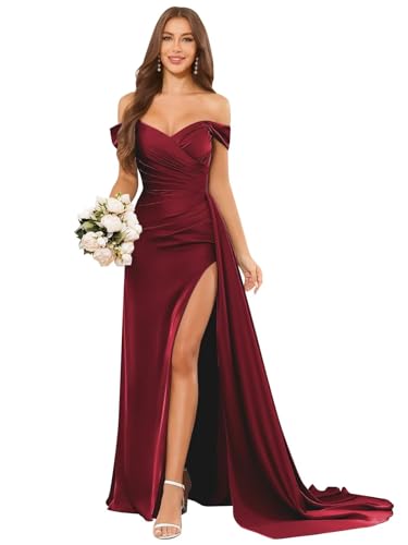 Satin Bridesmaid Dresses Long Off Shoulder Formal Evening Gown with Slit