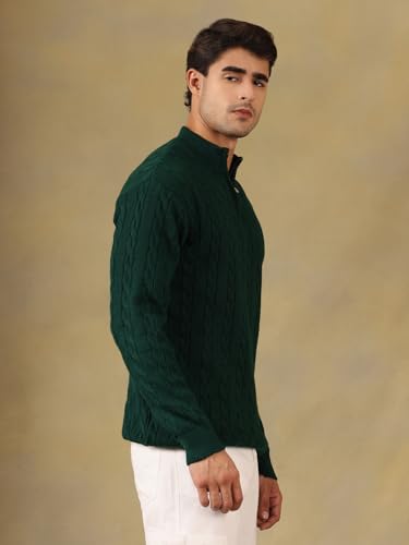 Image of Kvetoo Men's Wool High Neck Zipper Sweater, Full Sleeve Cable Knit Quarter Zip Winter Pullover