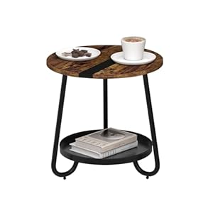 2 Tier Coffee Table in Living Room, Industrial Style Round End Table with Metal Tray, Small Outdoor Side Table for Bedroom Balcony Patio, Rustic Brown