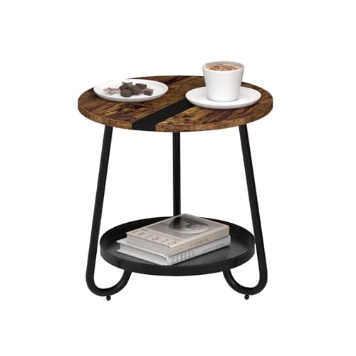 2 Tier Coffee Table in Living Room, Industrial Style Round End Table with Metal Tray, Small Outdoor Side Table for Bedroom Balcony Patio, Rustic Brown