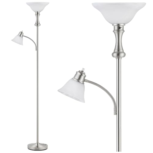 Image of Torchiere Floor Lamp with Adjustable Angle Reading Lamp-Silver 71IN | Standing Lamp for Bedroom with Glass Shade, Tall Floor Lamp for Living Room Decor, Office, Corner, Knob Switch, Bulb Included