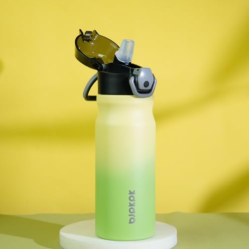 Image of BJPKPK 18 oz Water Bottle with Straw & Handle, Insulated Stainless Flask | Leak Proof Locking Lid, Thermal, Double Wall Vacuum, Keeps Hot /Cold, BPA Free, Dishwasher Safe, Travel & Sports, Lime