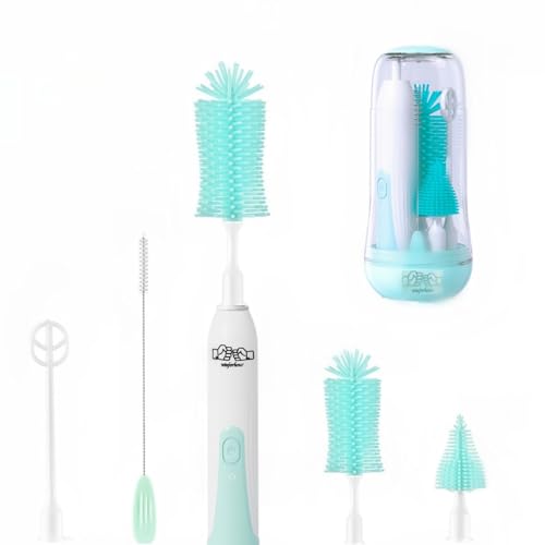 Image of Travel Electric Baby Bottle Brush Set with Electric Bottle Cleaner and Water Bottle Brush and Nipple/Straw Brush,Milk Frother and Drying Rack(Green)