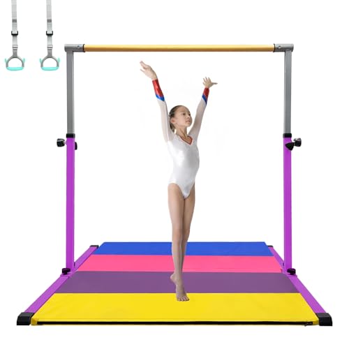 XDEMODA The Latest Model Gymnastics Bar for Kids Ages 3-15 for Home, Anti-Slip, Easy to Assemble, 35” to 55” Adjustable Height Gymnastic Horizontal Bars Equipment (Gym bar with mat, Purple)