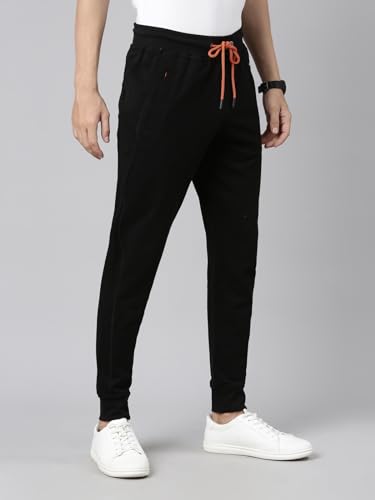 Image of BUZZ Standard Men Athleisure Slim Fit Solid Cotton Joggers Zipper Pockets, Ultra Soft, Stretchable, Breathable, Anti-Slip Waistband with Drawcord, Track Pants for Leisure, Travel, Workout. Pack of 1