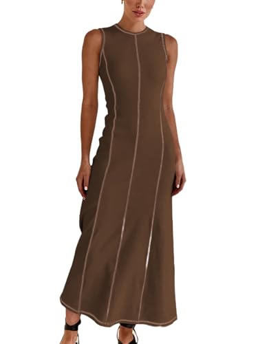 Image of Women's 2025 Summer Sundress Elegant Casual Crew Neck Sleeveless Knit Striped Bodycon Maxi Dress