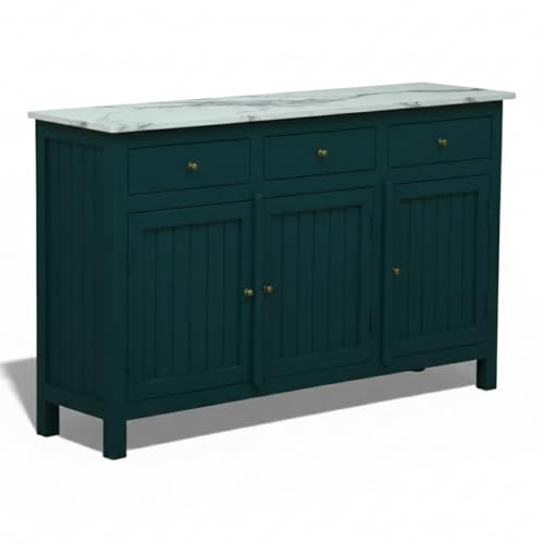 Image of Solid Wood Madrid 3 Door Sideboard Cabinet with Sintered Stone Top for Living Room | Acrylic Emerald Green Finish | 130x40x80 cm