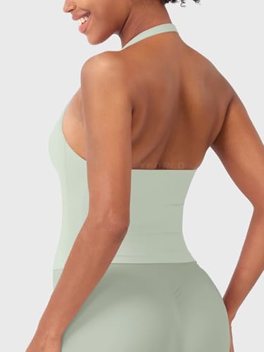 Image of YEOREO SoftHue Women's Impact Halter Tank Top Longline Backless Scoop Neck Built-in Bra Sports Workout Gym Crop Top