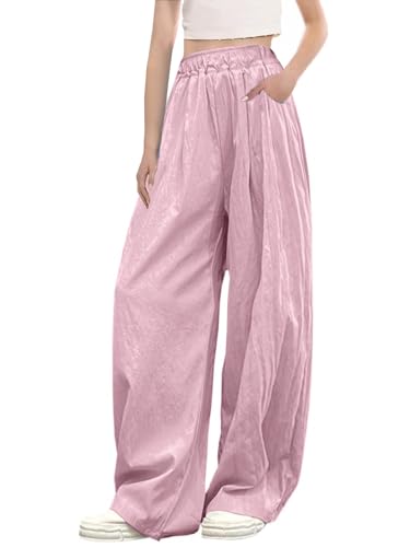 Image of SANGTREE Girls & Woman Wide Leg Pants Lightweight Casual Elastic High Waist Straight Leg Loose Trousers,4 Years - Woman 2XL