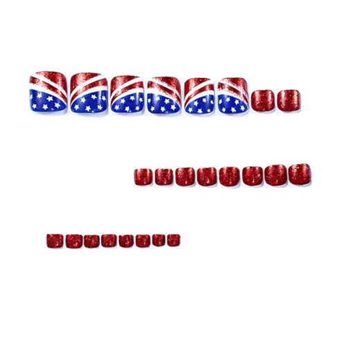 Image of 4th July Press on Toenails Independence Day Fake Toe Nails Red Blue Toenail Press on Nails with Star Design Short Square Glossy Full Cover Patriotic Stick on Toes for Women Manicure 24Pcs